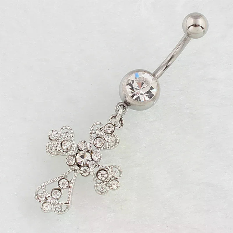 Stainless Steel Cross Pendant Navel Nail Fashion Crystal Rhinestone Belly Button Rings For Women Body Sexy Piercing Jewelry Oasis Select