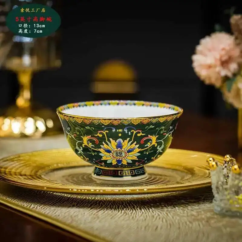 Bone China Dining Bowl Enamel Colored Chinese High Footed Rice Noodles Soup Bowl Tablewear Oasis Select 5inHigh Bowl-1