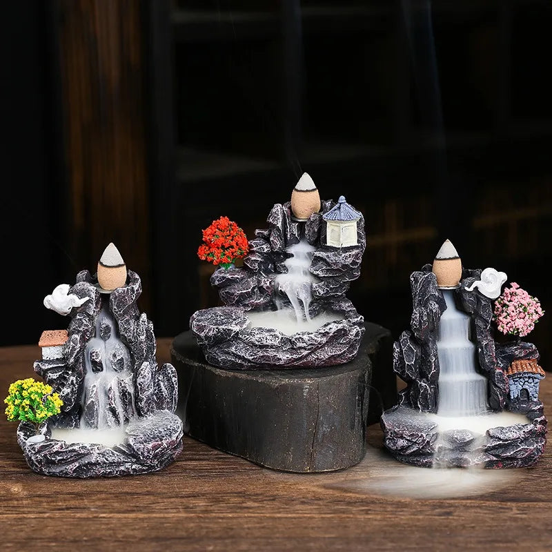 Mountain River Backflow Incense Burner Waterfall Incense Holder with Bridge & Pagoda Decor for Yoga Studio Home Aromatherapy Oasis Select
