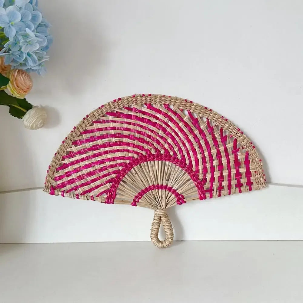 Woven Straw Fan Summer Cooling Grass Handwoven Fan Handmade Fan Nordic Hanging Decorations For Bedroom Wedding Party Home Decors Oasis Select rose red42x28