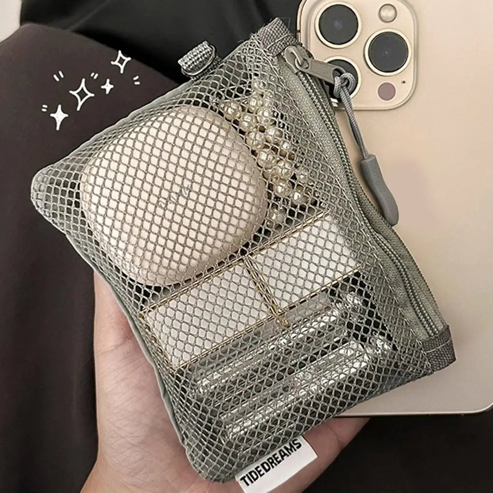Dual-Layer Mesh Storage Bags Portable Travel Makeup Bag with Zipper Mini Toiletries Cosmetics Organizer Simple Stationery Bag Oasis Select