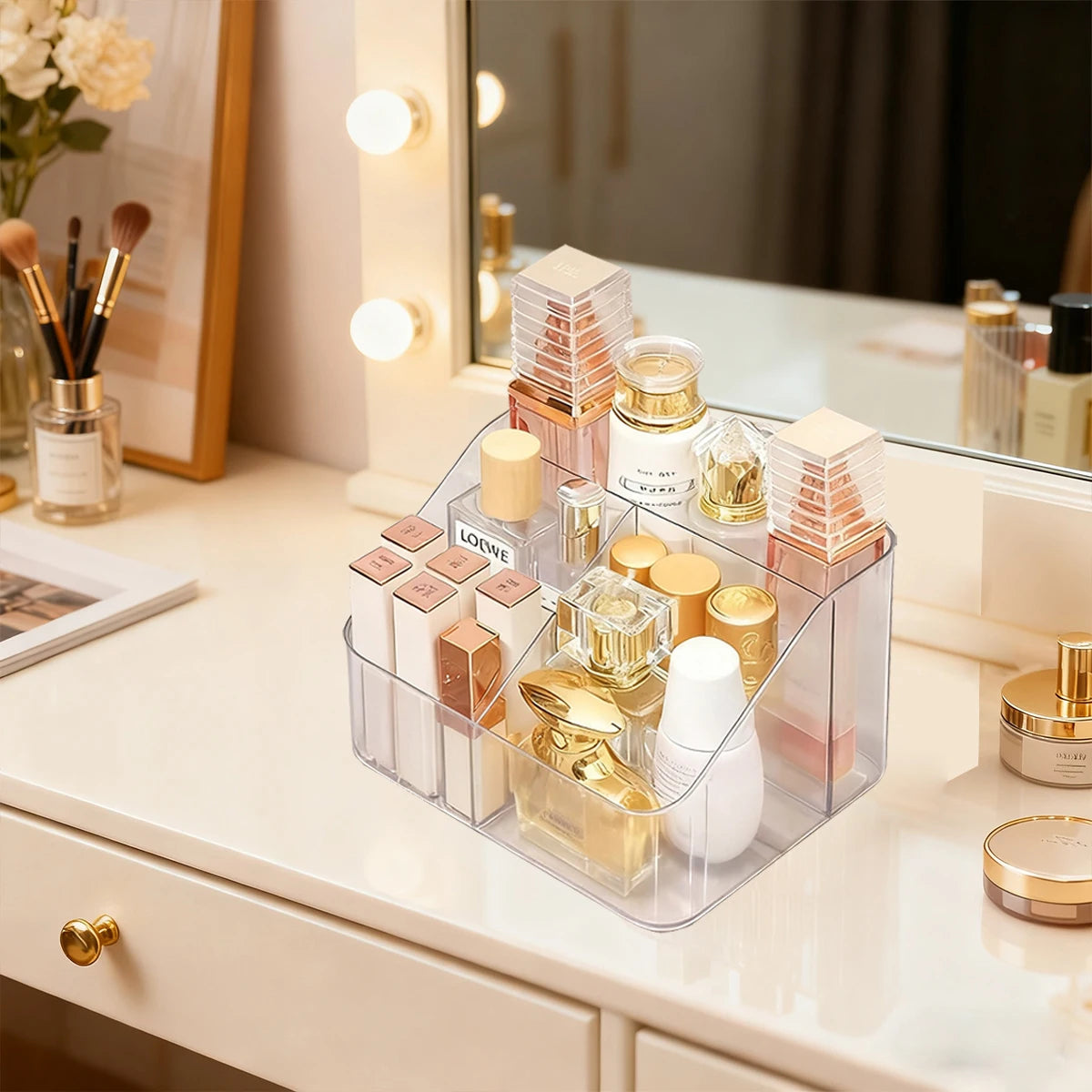 1pc Vertical Pattern 4-Grid Transparent Acrylic Cosmetics Storage Box Suitable for Bathroom Accessories andOffice Desk Organizer Oasis Select