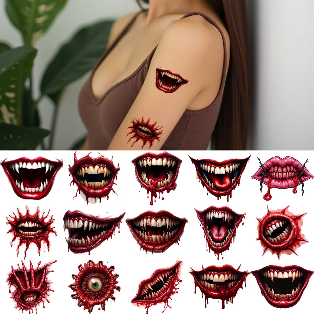 9-Pack Halloween Temporary Tattoo Stickers – Fanged Mouth & Lips