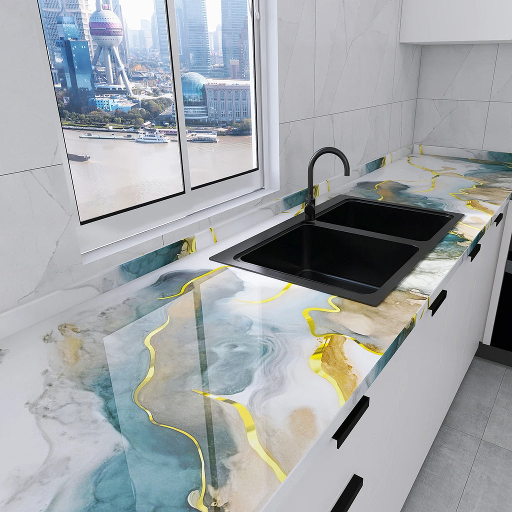 PVC Self-Adhesive Hot Stamping Marble Pattern Oil-Proof Stickers Suitable For Kitchen Walls And Decorative Background Walls. Oasis Select qingyitangjin 40cmX10m