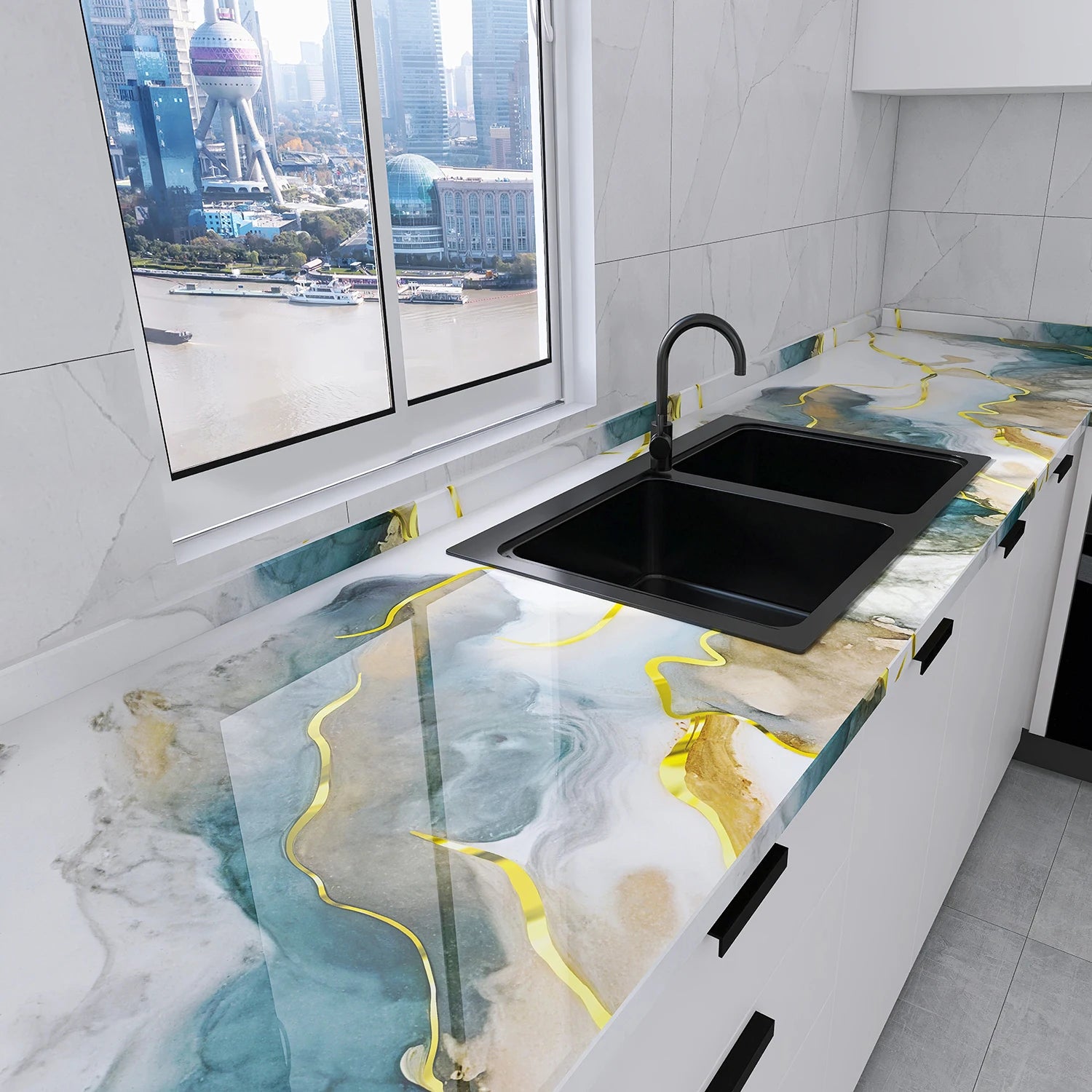 PVC Self-Adhesive Hot Stamping Marble Pattern Oil-Proof Stickers Suitable For Kitchen Walls And Decorative Background Walls. Oasis Select qingyitangjin 40cmX10m