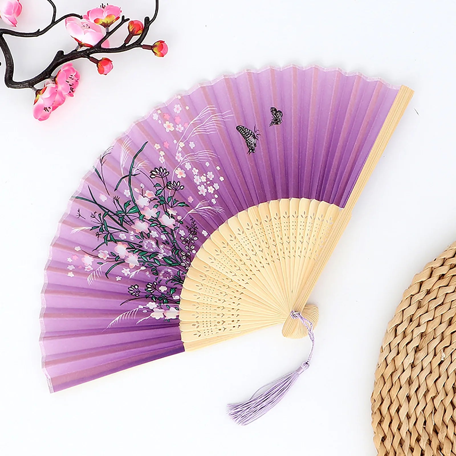 Vintage Silk Folding Fan Chinese Japanese Art Crafts Gift Home Decorations Dance Hand Fan Bamboo Room Decor Wood Fans Oasis Select D One Size