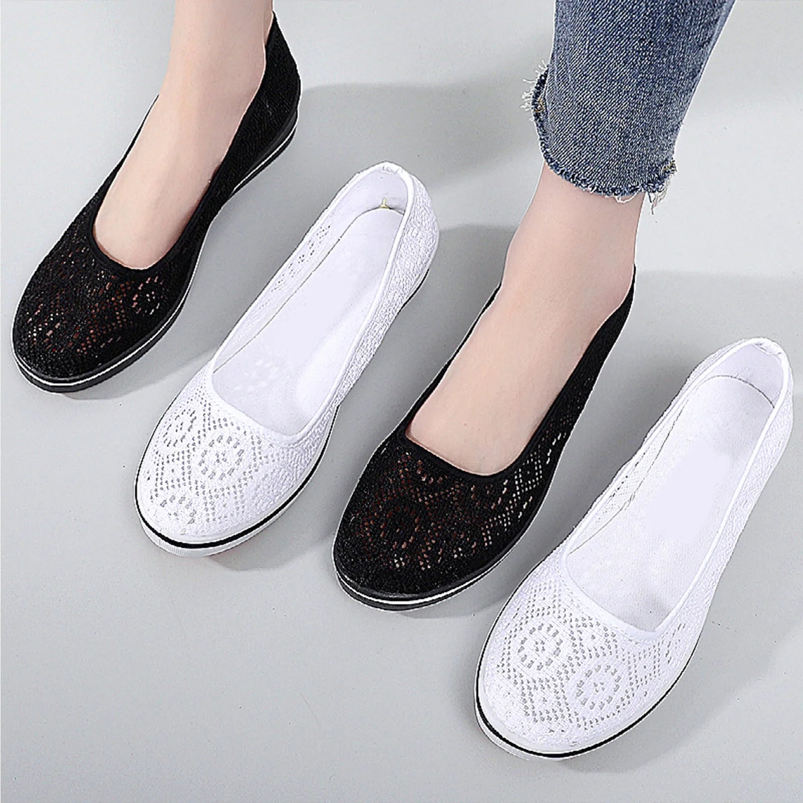 Women's Wedge Heel White Mesh Shoes Comfortable Non-slip Hollow Breathable All-match Work Beauty ShoesWhite Lace Hollow Breathab Oasis Select