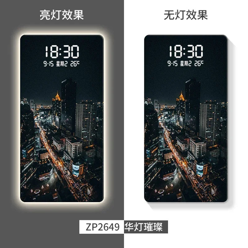 Led Electronic Wall Hanging Clock City Night View Human Body Sensing Decorative Painting Wall Clock Oasis Select ZP2649 80cm x 40cm plug in