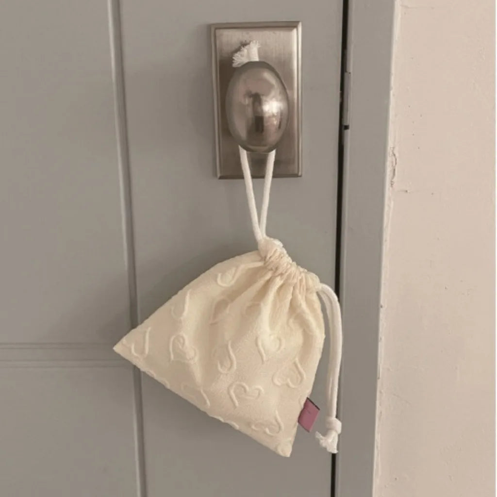 1pc Cute Heart Print Drawstring Storage Bag - Portable Travel Organizer for Chargers, Earphones,and Data Cables,Cute Storage Bag Oasis Select Ivory