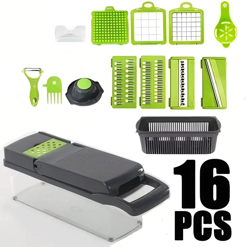 Pro-Series 16-in-1 Vegetable Chopper, Dewpeton Mandoline Slicer, Veggie Chopper, Food Chopper with Container, Vegetable Cutter Oasis Select Gray 16-piece set