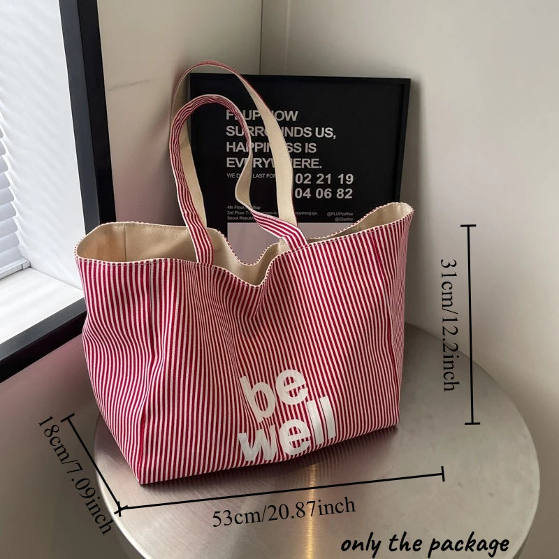 Large Capacity Tote Double-sided New Striped Casual Single Shoulder Textured Embroidered Canvas Bag for Students Oasis Select Red 53x18x31cm