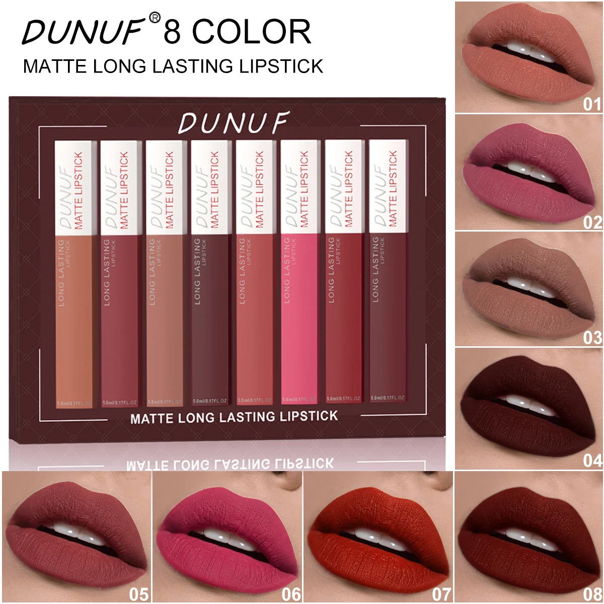 Long-Lasting Lip Gloss Lipstick 8pcs/set: Matte Non-Stick Cup Waterproof Nude Deep Red Mauve Christmas And Valentine's Day Gifts Oasis Select