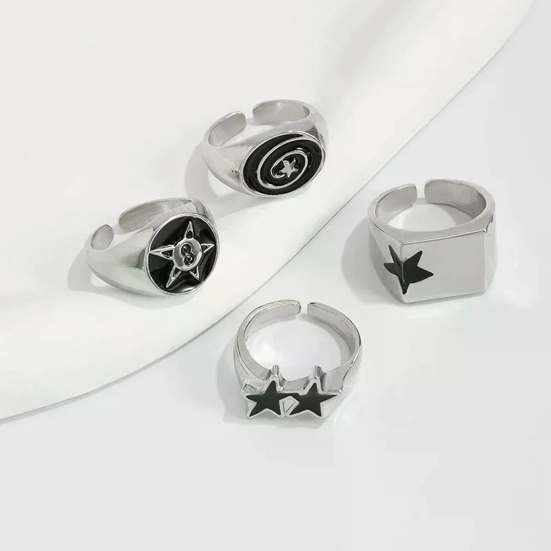 4Pcs/Set Black Five-Pointed Star Wide Rings For Men Hiphop Silver Color Geometric Thick Opening Finger Rings Sets Jewelry Gifts Oasis Select