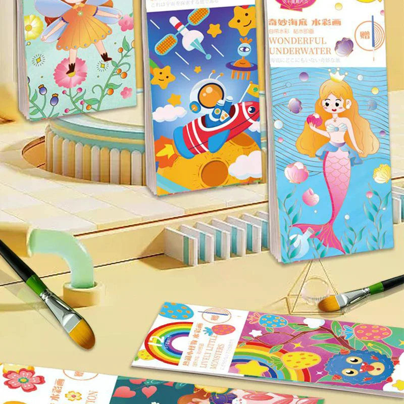 12 Sheets/Set Portable Watercolor Painting Book Coloring Book With Paint Brush Book Kids Graffiti Picture Drawing Stationery Oasis Select