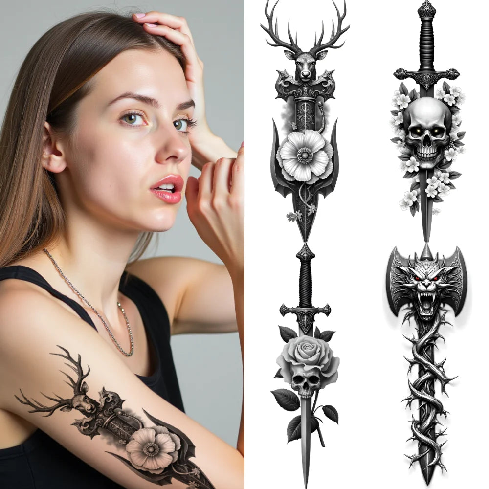 3-Pack Waterproof Temporary Tattoos – Skull & Sword Body Stickers