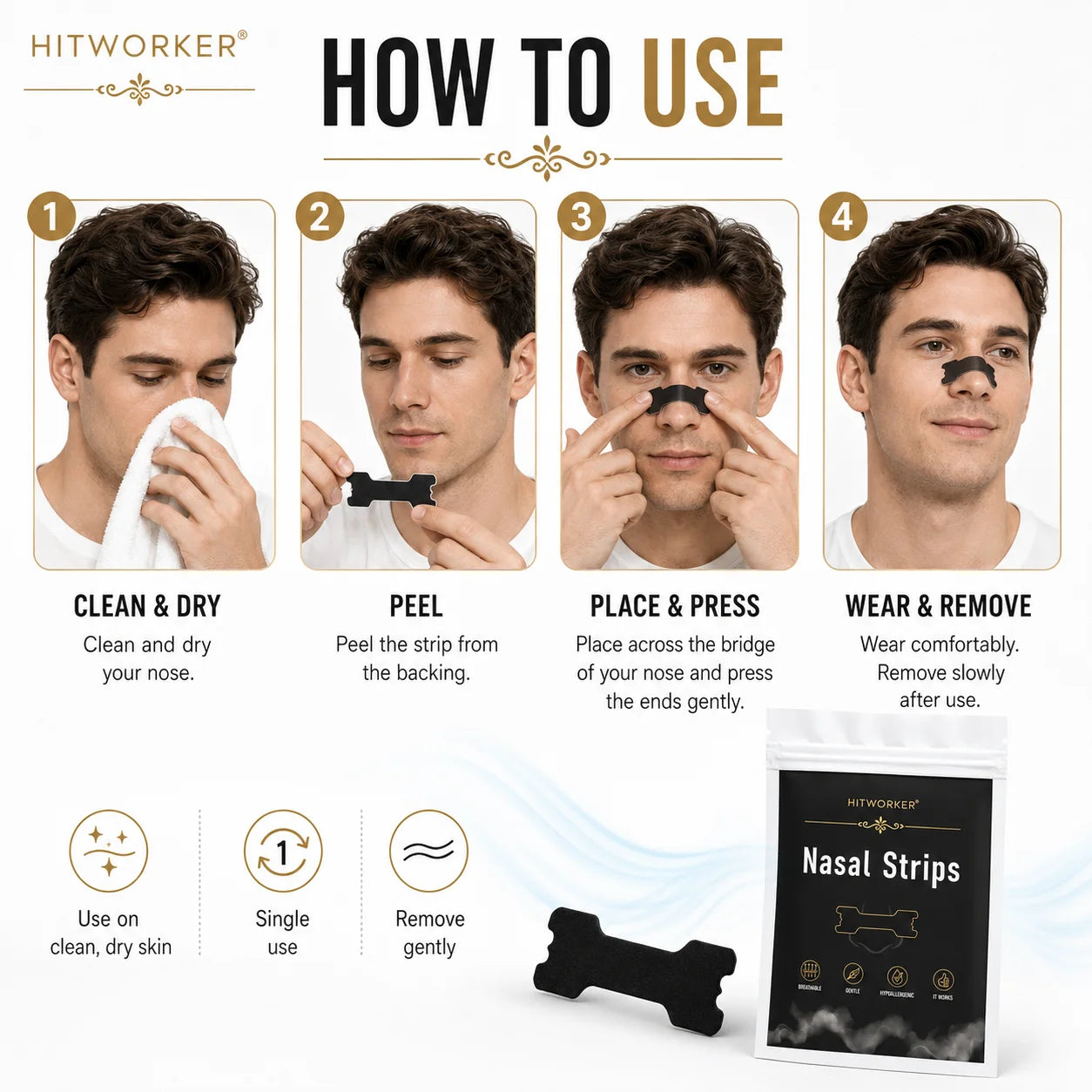 HITWORKER Black Nasal Strips Breathable Nose Strips Flexible Support Nose Tape Skin-Friendly Adhesive Comfort Fit for Day Oasis Select