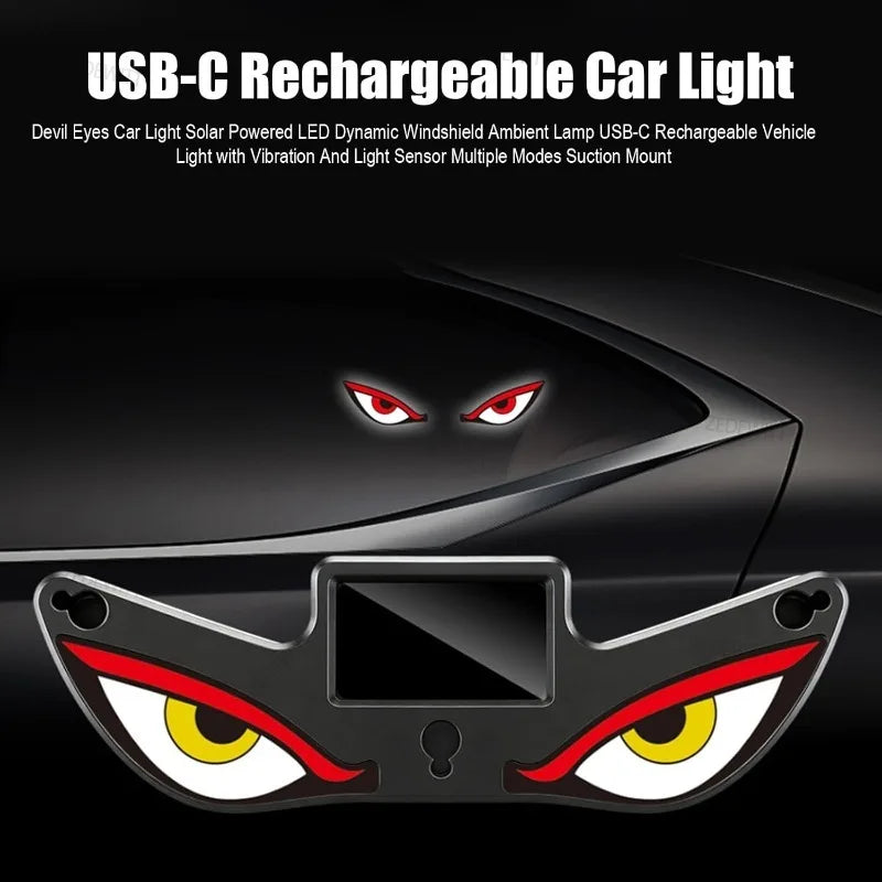Solar Powered Neon LED Car Ambient Lamp Durable Wireless Cool Devil Eye Suction Cup USB Rechargeable Breathing Decoration Light Oasis Select