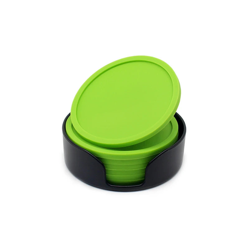 6-Piece Non-Slip Silicone Coaster Set – Round Cup Mats Silicone Coaster Set Oasis Select Green 6 mat and 1 bracket Round