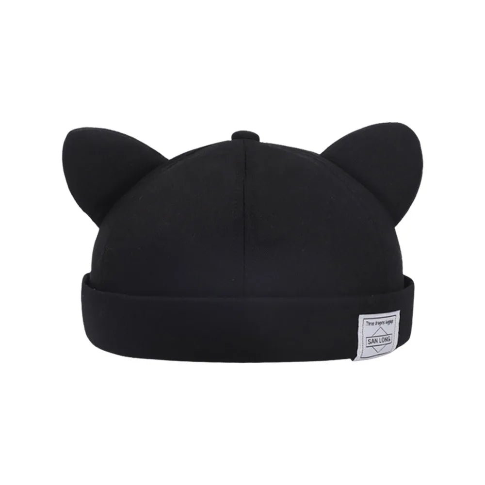 Casual Cotton Cat Ears Landlord Hat Solid Color Brimless Beanie Hat Adjustable Hip Hop Melon Skin Hat Spring Summer Oasis Select Black