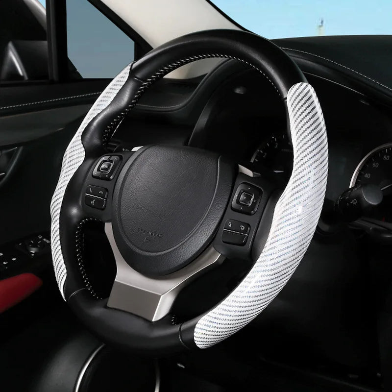 36cm Carbon Fiber Car Steering Wheel Cover Non-slip Sports Ultra-thin Card Cover Summer Auto Handle Protective Cover Type D Oasis Select White