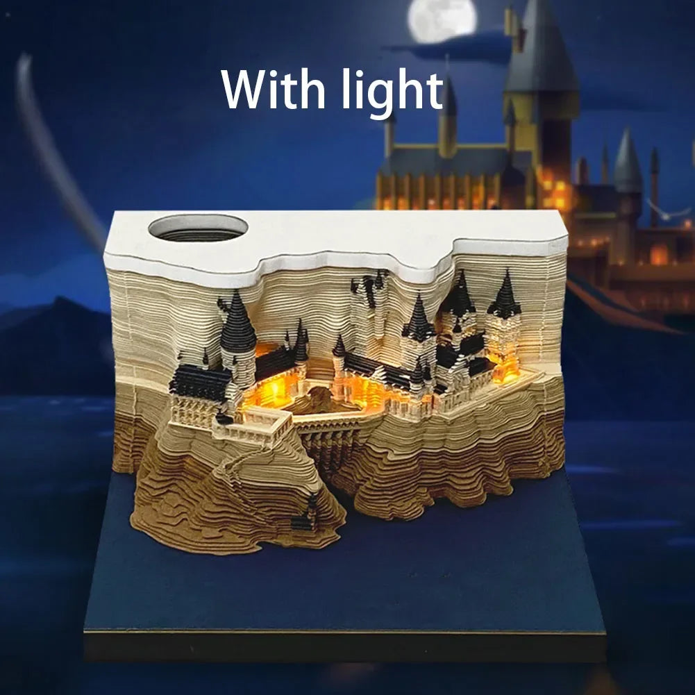 3D 3D Magic Castle Sticky Note Calendar Tearable Paper Sculpture with LED Light Weekly Desk Decor Creative Craft Gift Oasis Select With light