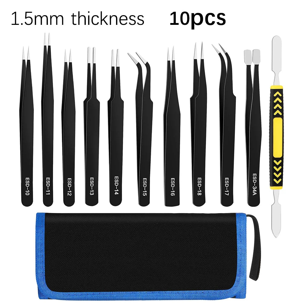 Precision ESD Anti-Static Tweezers Tool 6-10pcs Stainless Steel, 1.5MM Thick, for Electronics Repair Craft Modeling DIY Nail Art Oasis Select 10pcs