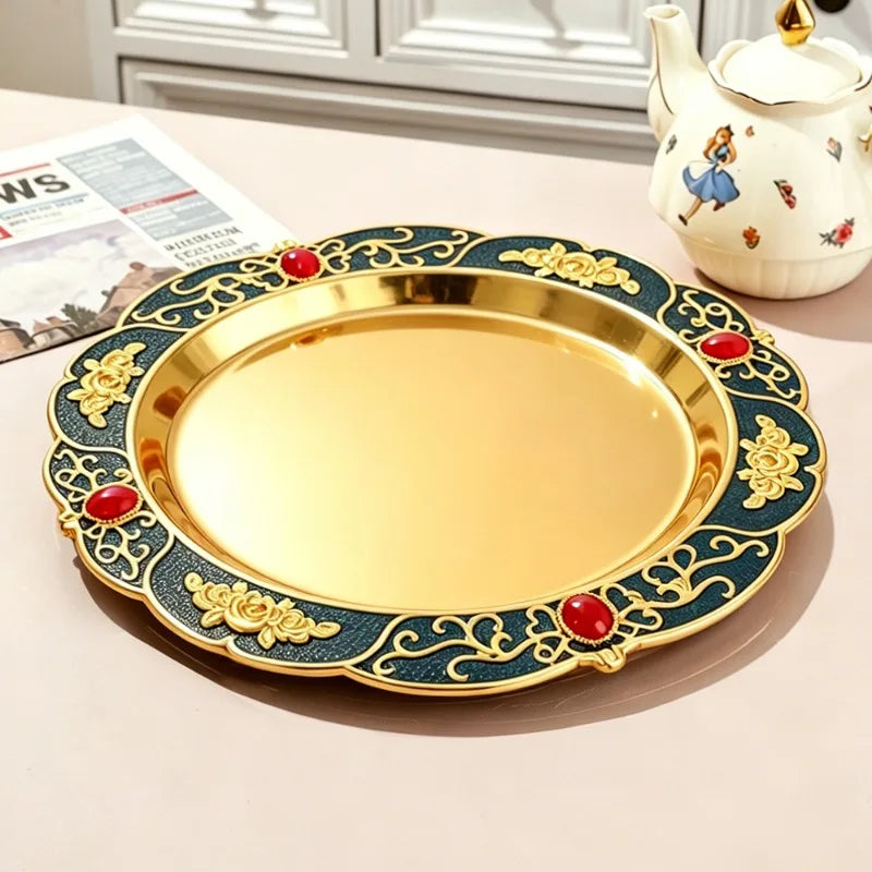 European Relief Ornate Decorative Serving Tray Floral Patterned Round Platter for Snacks and Table Display Oasis Select