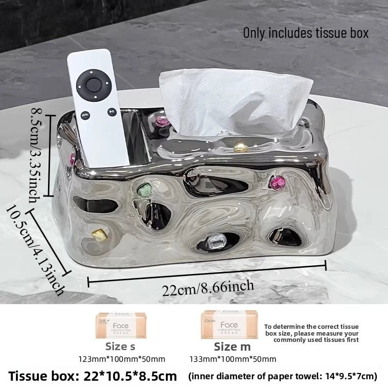 1pcs Paper Towel Box High-end Light Luxury Living Room Household Ceramic Paper Drawer Tea Table Remote Control Storage Oasis Select Silver with diamonds