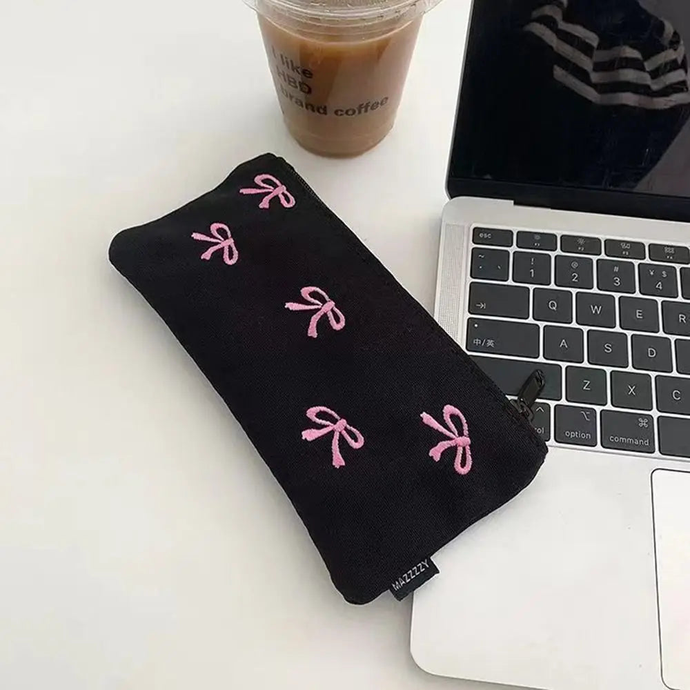 Funny Canvas Cute Embroidered Bag Bowknot Square Shape Stationery Bag Lovely Print Storage Bag Oasis Select