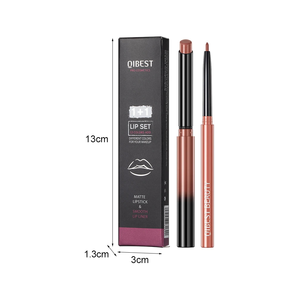QiBest Matte Nude Lipstick & Lip Liner Set – Waterproof 2-Pc