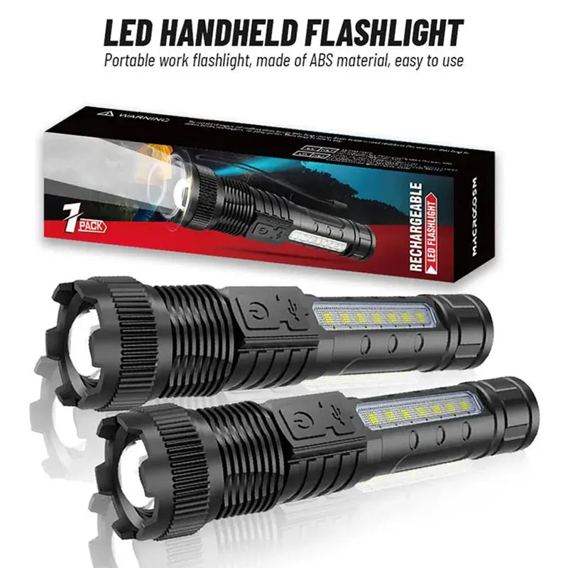 2pcs Powerful LED Flashlight 99000LM Telescopic Zoom Tactical Torch Cob Side Light Outdoor Waterproof Night Fishing Light Oasis Select