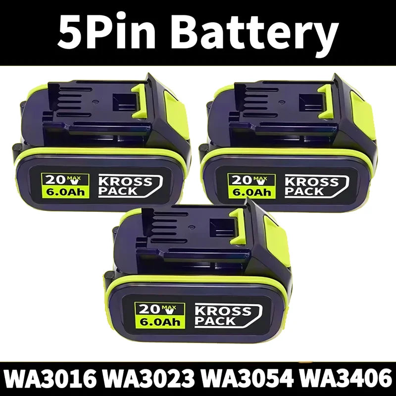 WORX 20V High-Capacity Li-Ion Rechargeable Battery 6.0Ah/8.0Ah Compatible with WA3551 WA3551.1 WA3553 WA3641 WX373 WX390 Tools Oasis Select A-5Pin-6.0Ah (3pcs)