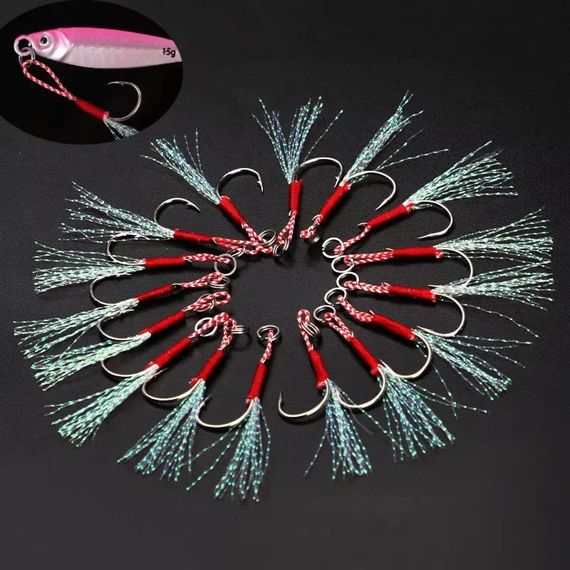 10/30/60pc Fishing Hook Jig Double PairHooks Barbed Thread Feather Accessories Pesca High Carbon Steel Fishing Lure Slow Jigging Oasis Select