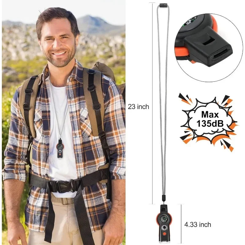7in1 Emergency Survival Function Whistle Outdoor Multifunctional Survival Whistle with Lanyard Compass Flashlight Camping Hike Oasis Select