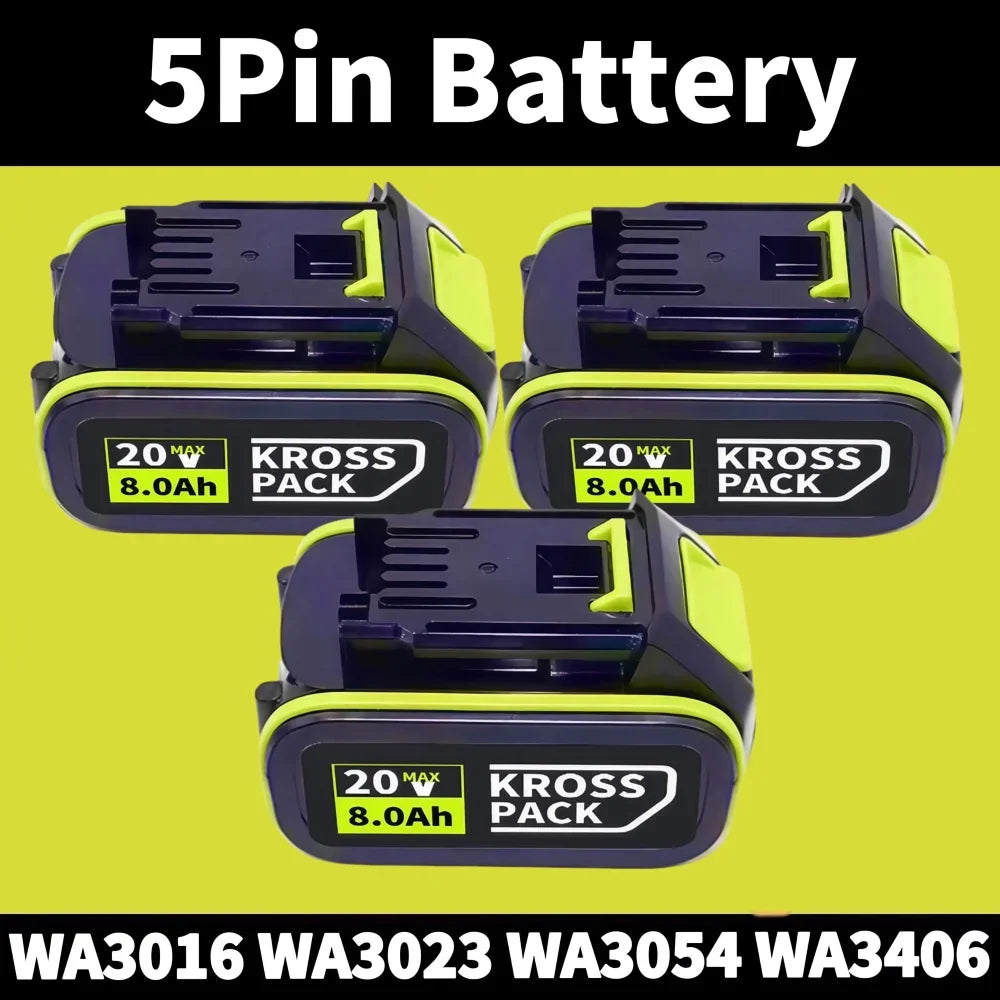 For 20V WORX Replacement Lithium-ion Battery 6000/8000mAh for WA3551 WA3551.1 WA3553 WA3641 WX373 Rechargeable Battery Tool Oasis Select A-5Pin-8.0Ah-3pcs