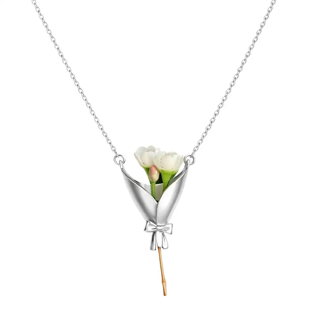 Flower Necklace Romantic Trendy Bouquet Jewelry Copper Cute Floral Necklace Bouquet Necklace Pendant Creative Vase Necklace Oasis Select Silver