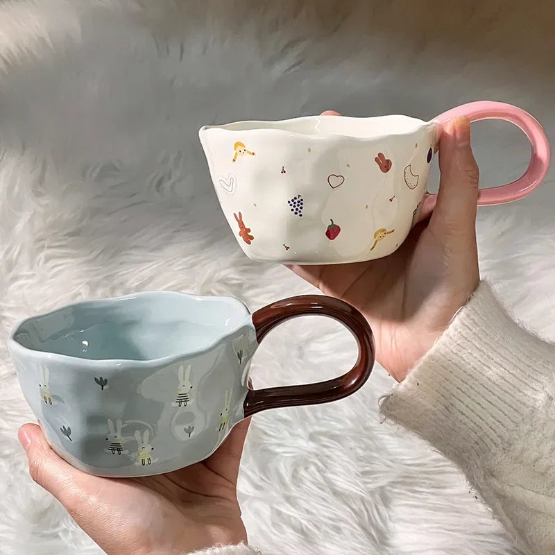 300ml Hand-painted Flower Ceramic Coffee Cup Cute Style Print Porcelain Handmade Breakfast Milk Juice Tea Chocolate Handle Mug Oasis Select