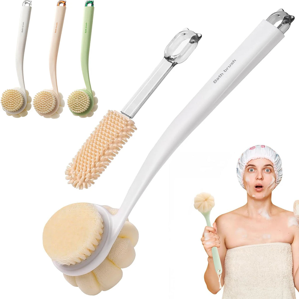 3in1 Shower Brush Long Handle Back Scrubber Soft Bristles Loofah Foot Exfoliating Anti Slip Bath Body Spa Tool Oasis Select