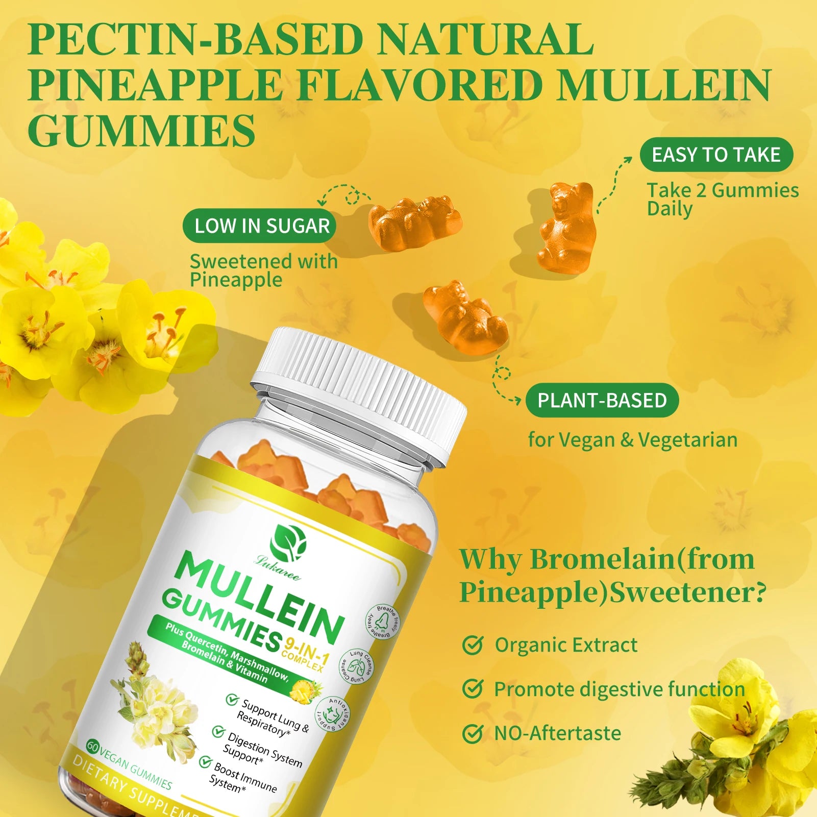 Lukaree 2Bottles 1000mg Mullein Gummies Lung Cleanse Support Respiratory Health Support Immune Health and Antioxidant Oasis Select
