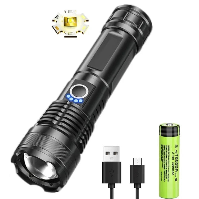 20000LM Most Powerful LED Flashlight Super Bright Long Range Torch Type-C Charging Tactical Flashlight With Power Display Oasis Select LEP 18650 battery