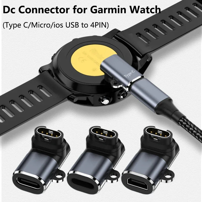 USB-C/Micro/Lightning to 4-Pin Charger Adapter for Garmin Watch Charging Adapter Oasis Select