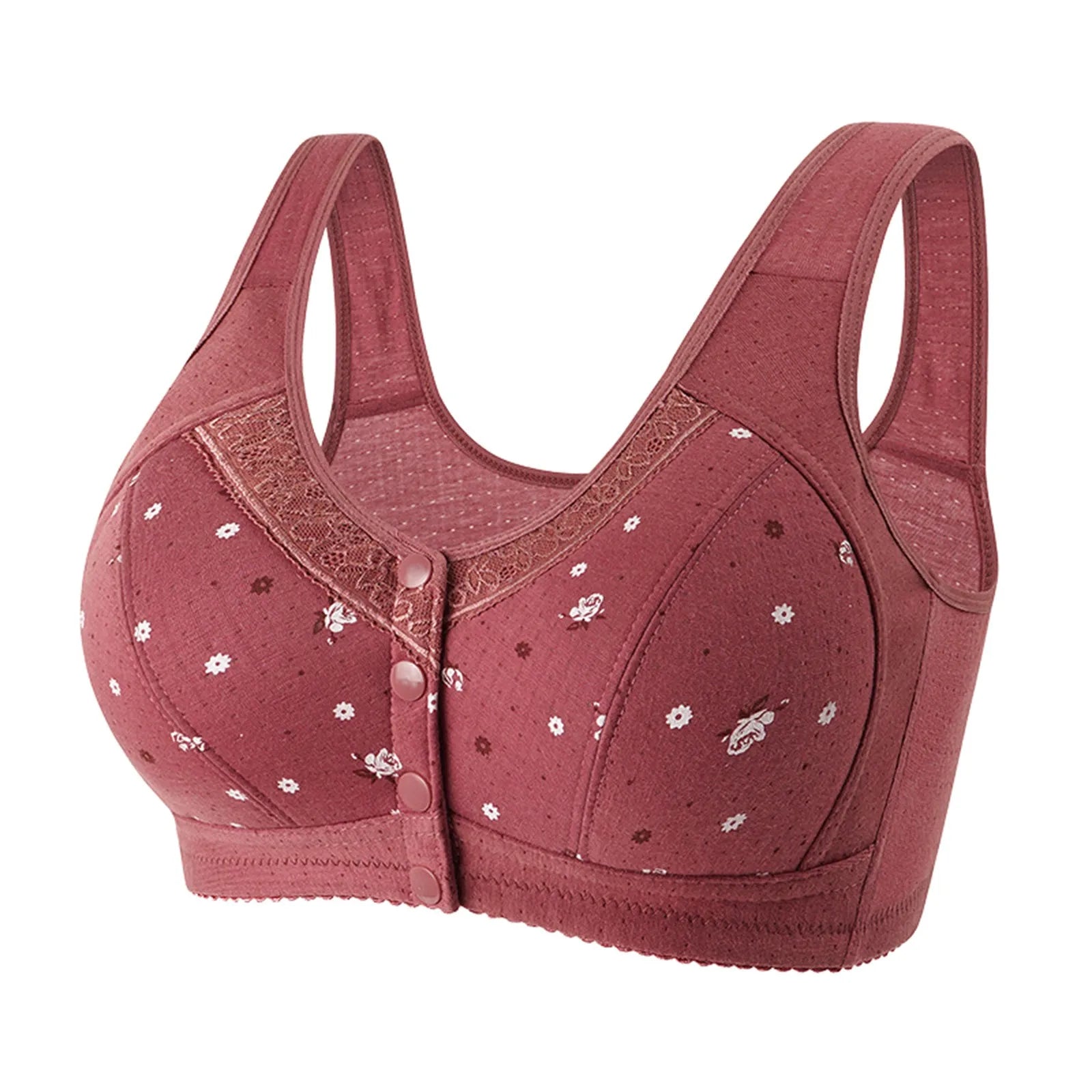 Plus Size Flower Print Wire Free No Pads Nursing Bra Mid-aged Mom Open Front Vest Brassiere Lingerie Cotton Bralette Underwear Oasis Select Wine 38
