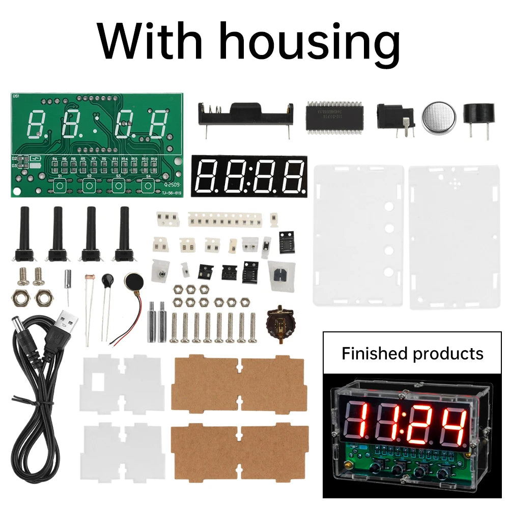 LED Digital Electronic Clock DIY Kit Clock Teaching Welding Exercise Circuit Board Set with Alarm Clock Temperature Countdown Oasis Select With Shell