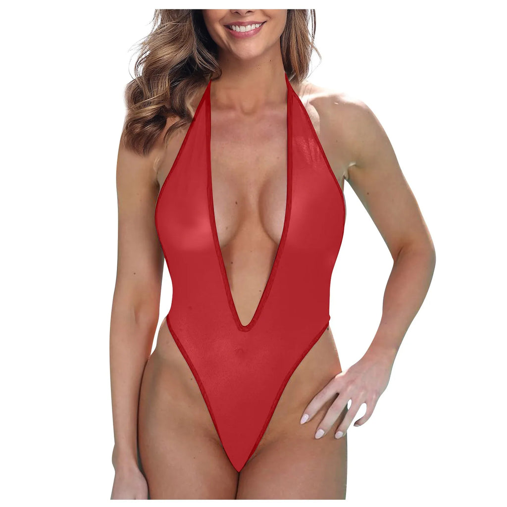 Sexy Woman Deep V Neck Bodysuit High Cut Bikini Jumpsuit One-Piece See-Through Backless Halter Bikini Swimsuit Erotic Lingerie Oasis Select