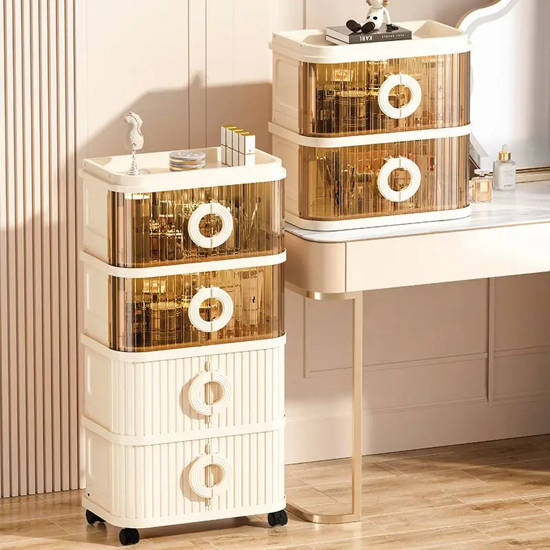 Foldable Makeup Organizer - No Assembly Rolling Cart with Sliding Doors, Large Capacity Space-Saver for Home Storage Oasis Select