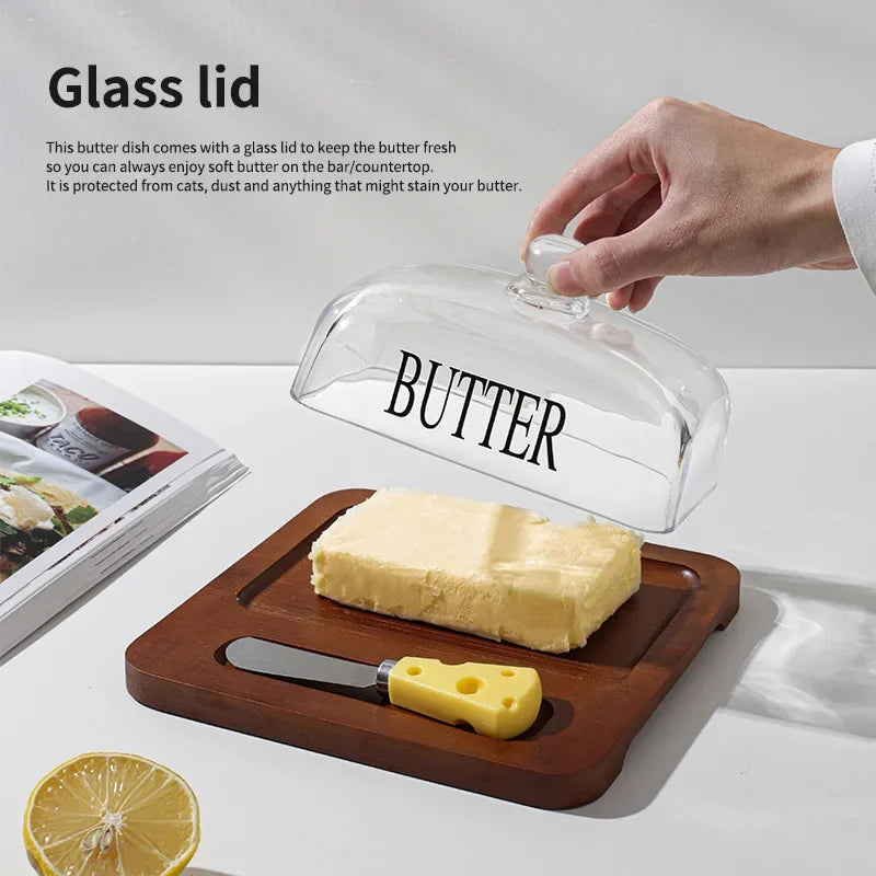 Wooden butter dish glass lid cheese box Butter cheese dessert plate cake dessert table display stand Oasis Select