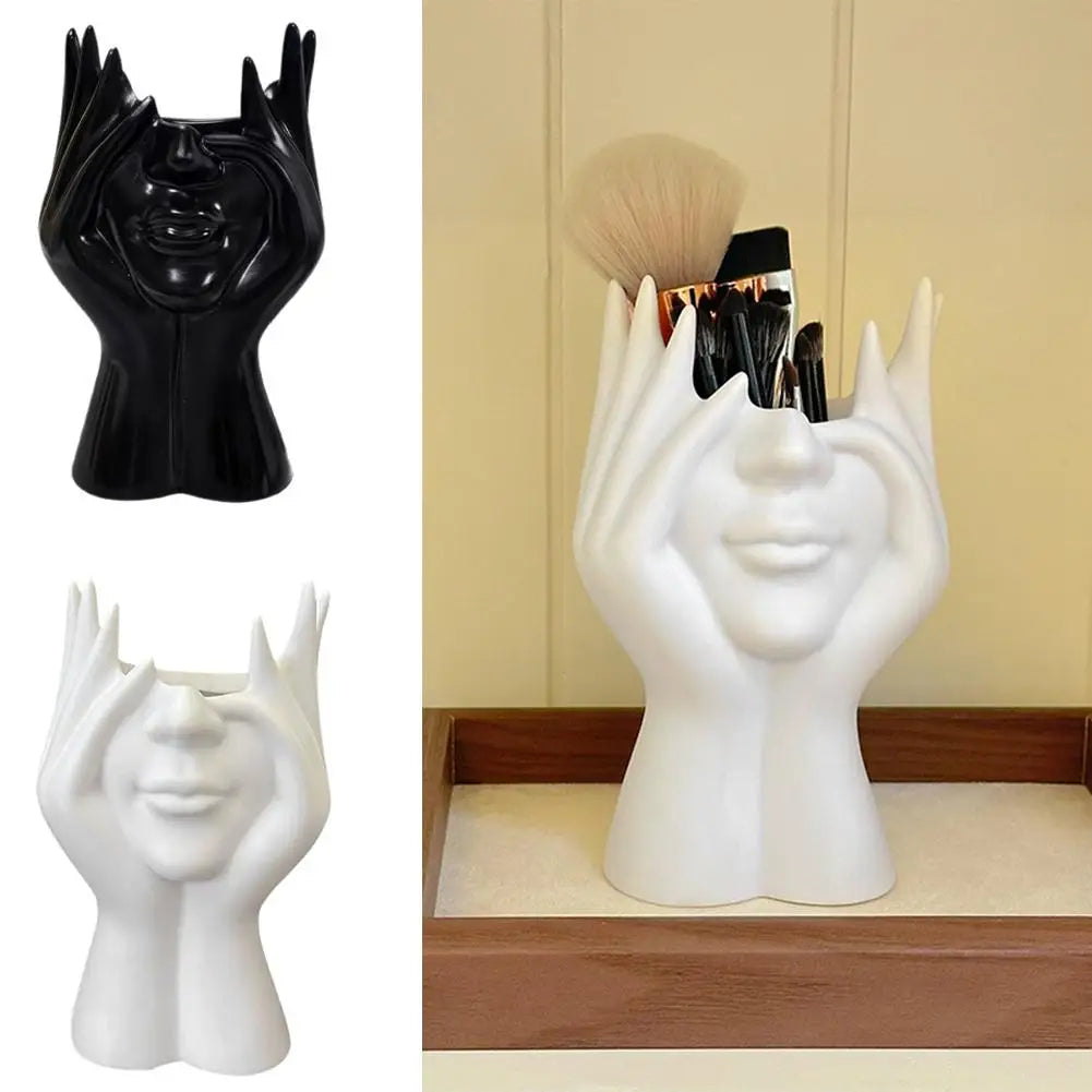 Pen Holder & Desk Decor White Abstract Face Sculpture with Hands, Modern Office Desktop Organizer for Pens, Makeup Brushes Oasis Select