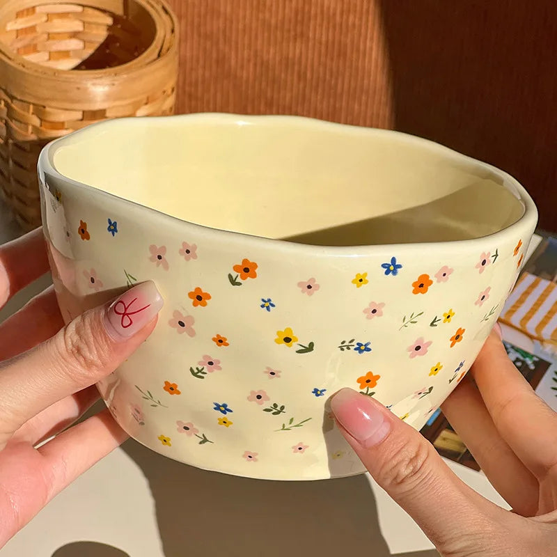 Korean Ceramic Bowl Dish with Fresh Flower Design INS Style High Appearance Level Home Domestic Rice Dish Fruit Salad Bowl Oasis Select