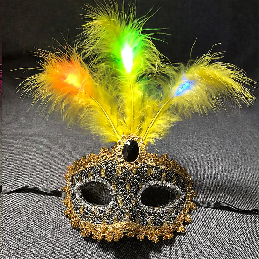 Women LED Party Mask Masquerade Luxury Peacock Feathers Half Face Mask Cosplay Costume Venetian Mask Oasis Select Gold yellow
