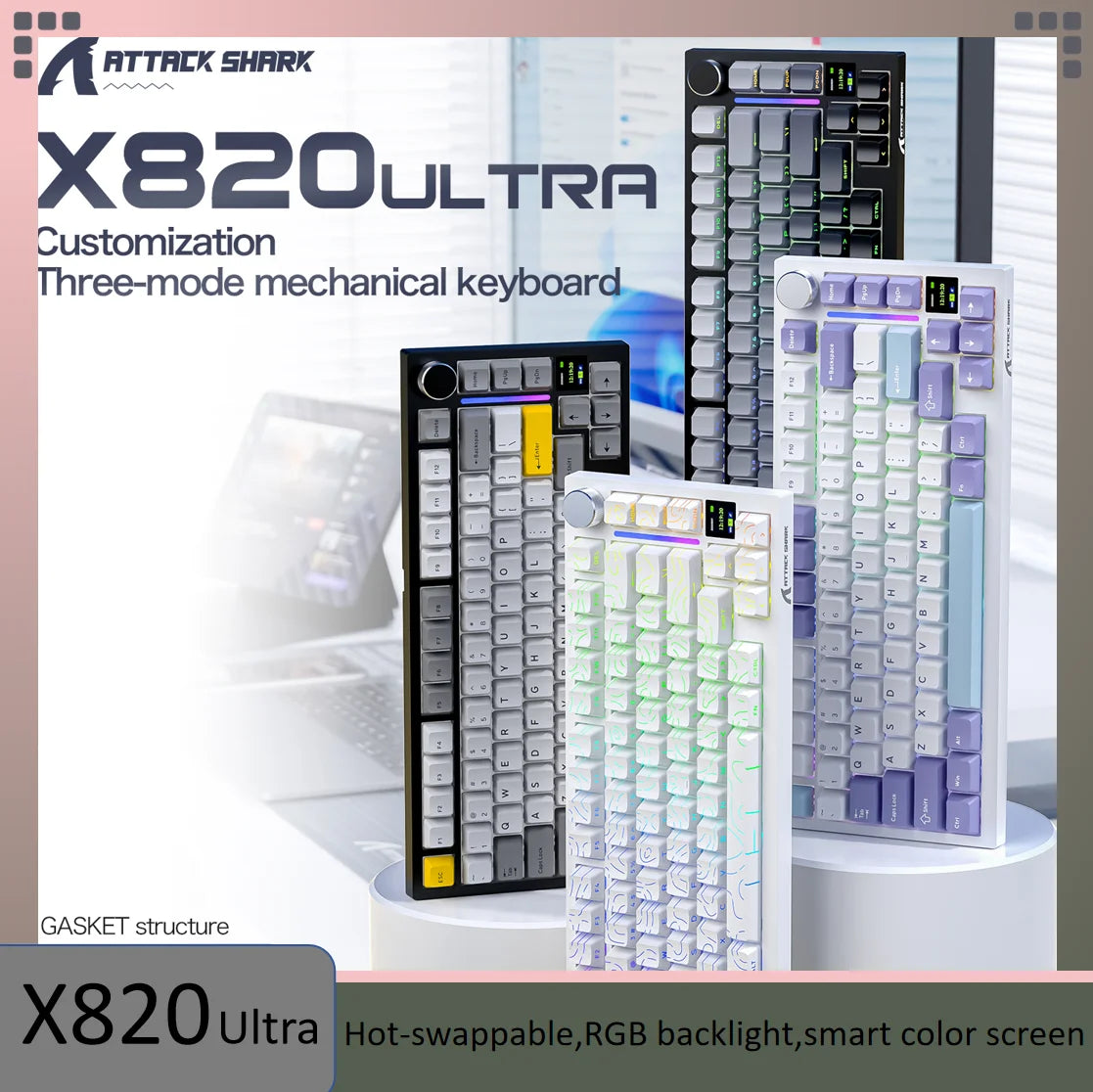 ATTACK SHARK X820Ultra Wireless Mechanical Keyboard Smart Color Screen& Knob,Tri-Mode, Gasket Mount, Hot-Swappable&RGB Oasis Select